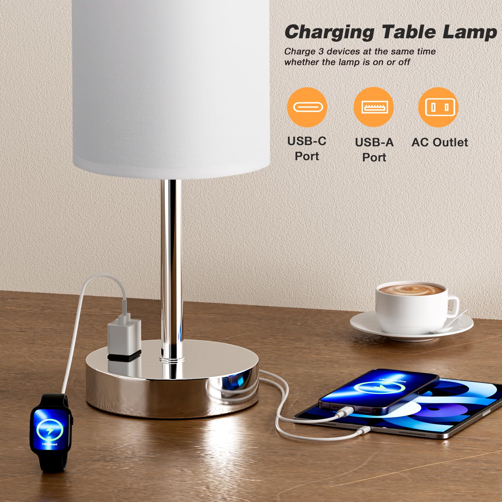 Touch-Control Bedside Table Lamp with USB & USB-C Charging (14”)