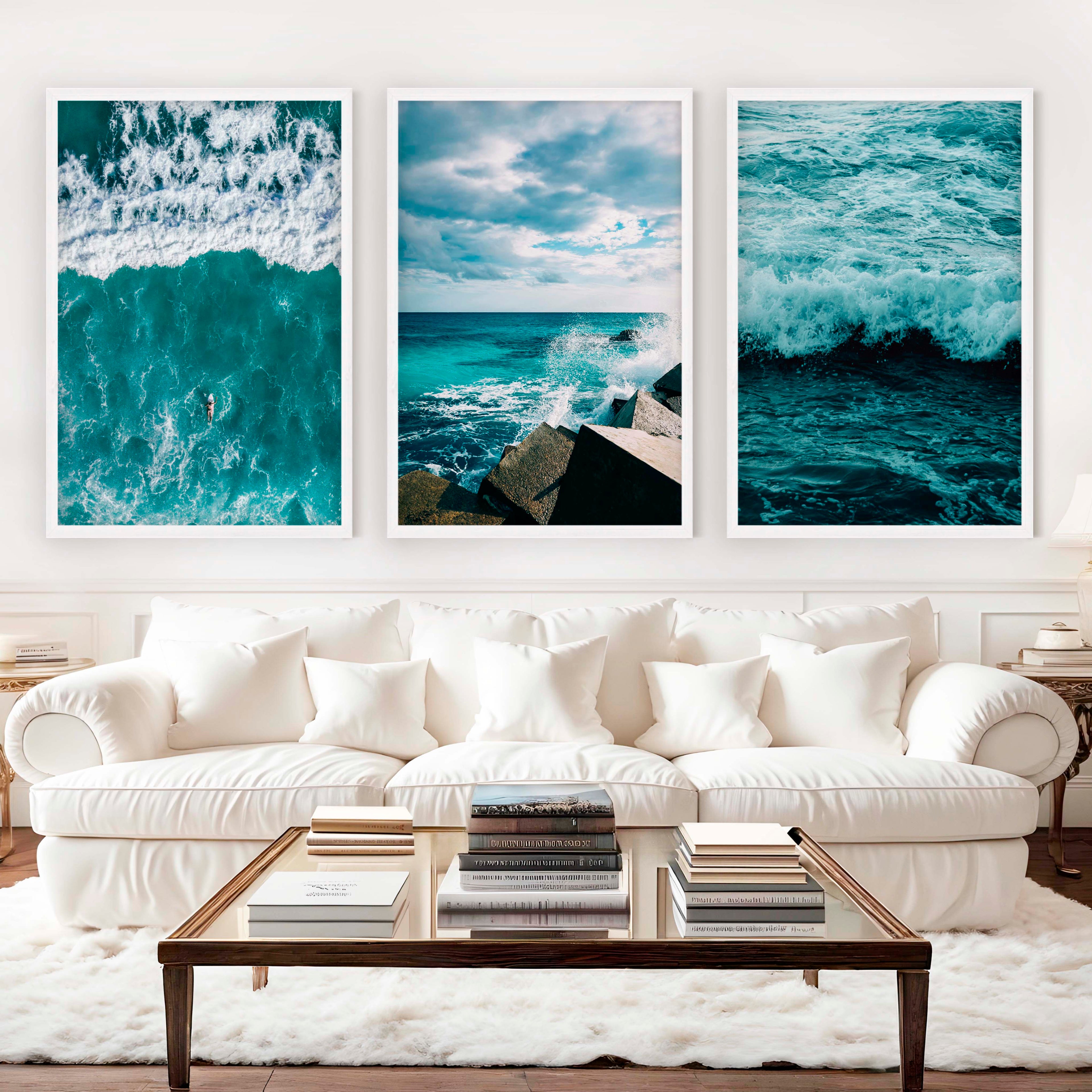 Seaside Wall Art – Surfer, Ocean Waves & Rocky Coast (Set of 3)